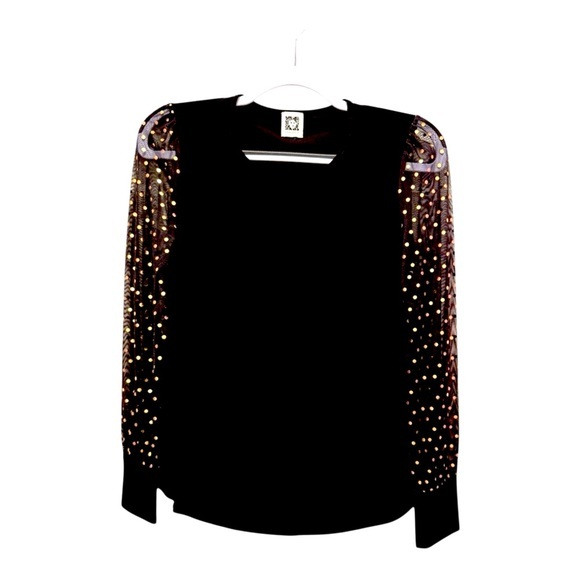 • Anne Klein Blouse Small Black and Gold Sheer Sleeves Formal - Cuffed S… - Picture 3 of 8